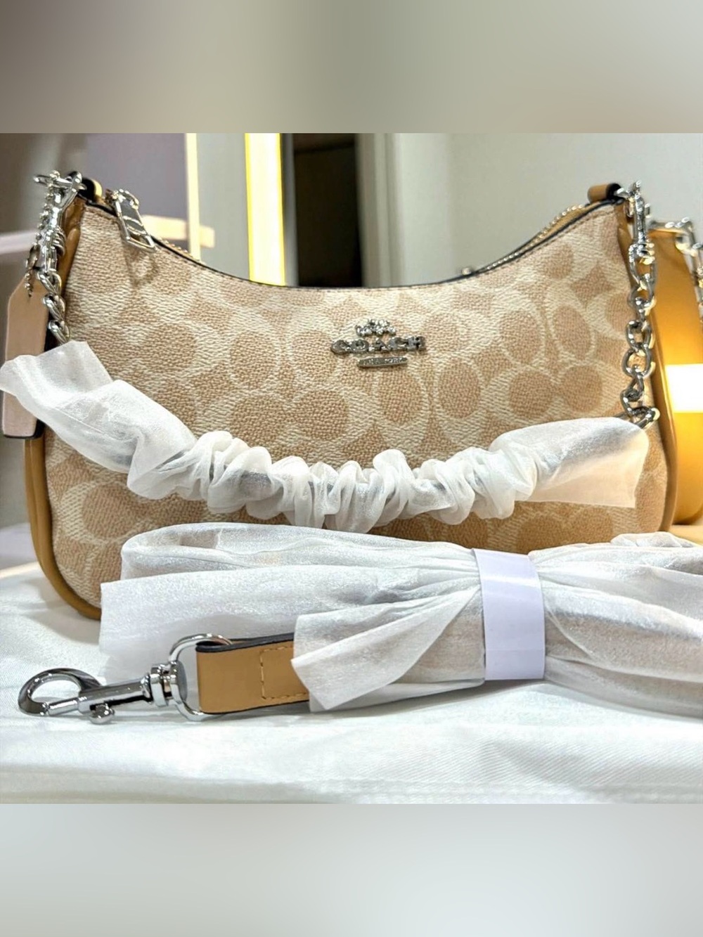 Coach Beige Signature Canvas Shoulder Bag with Tan Trim